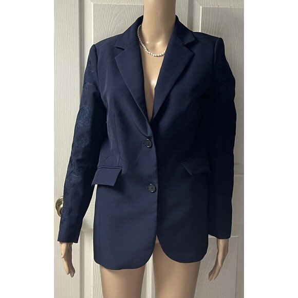 DG2 By Diane Gilman Womens Embroidered Gabardine Navy Blue Blazer 684244 Small - Picture 1 of 7